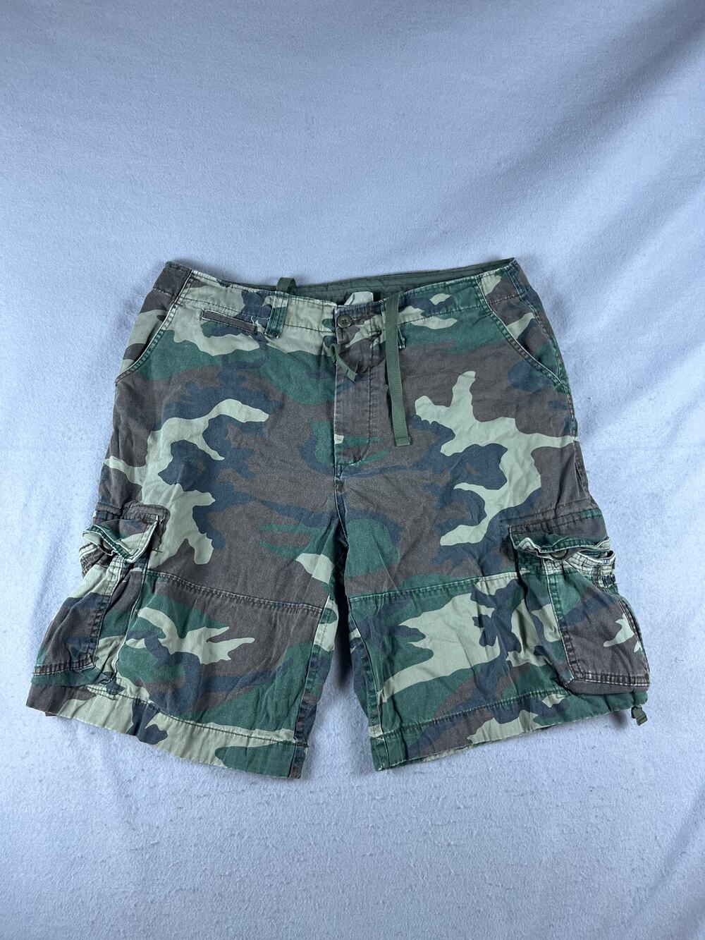 Camo Cargo Shorts Mens 38 Green Brown Drawstring Utility Hiking Outdoor Sports